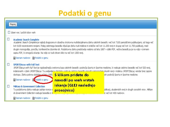 Podatki o genu S klikom pridete do navodil po vseh vrstah iskanja (GLEJ naslednjo