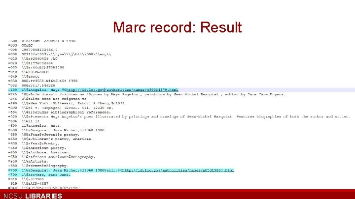 Marc record: Result NCSU LIBRARIES 
