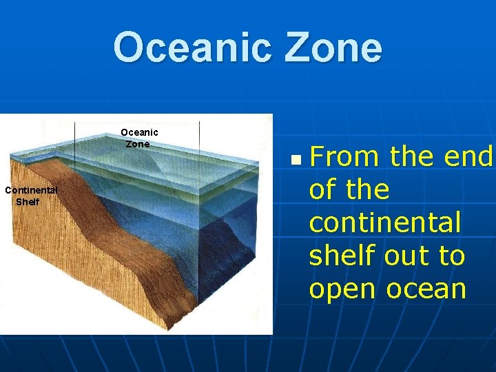 Oceanic Zone n Continental Shelf From the end of the continental shelf out to