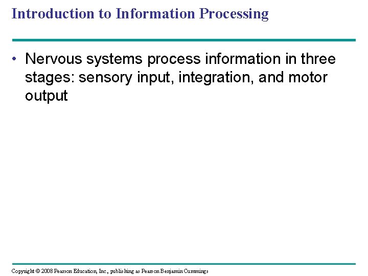 Introduction to Information Processing • Nervous systems process information in three stages: sensory input,