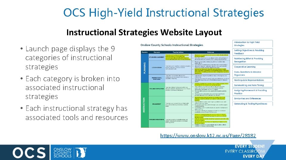 OCS High-Yield Instructional Strategies Website Layout • Launch page displays the 9 categories of