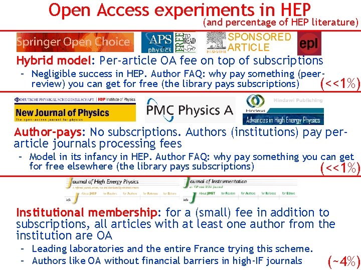 Open Access experiments in HEP (and percentage of HEP literature) SPONSORED ARTICLE Hybrid model: