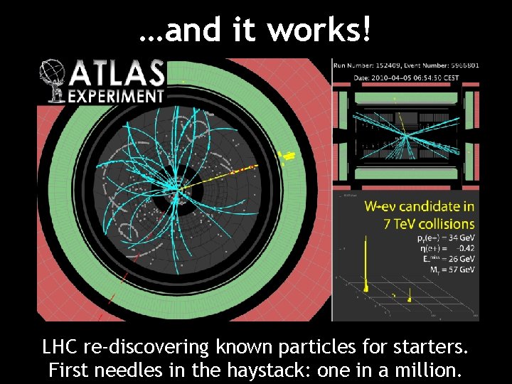 …and it works! LHC re-discovering known particles for starters. First needles in the haystack: