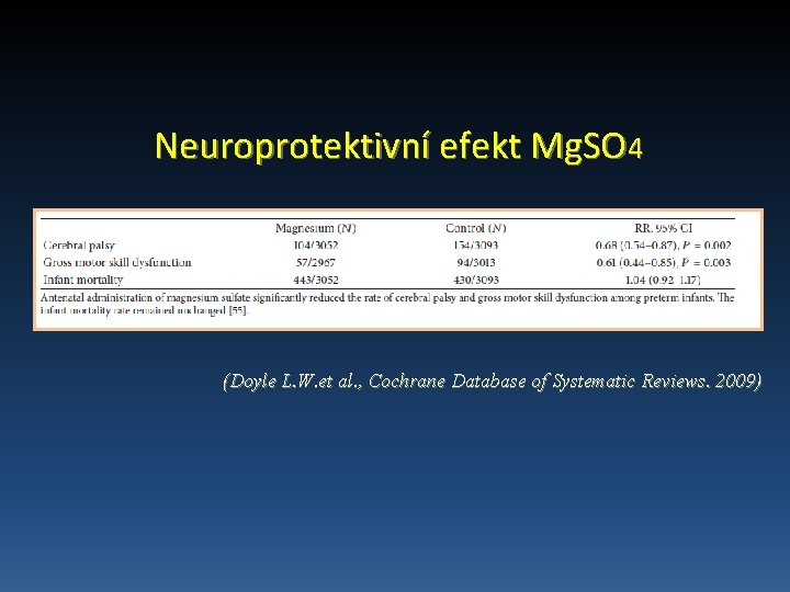 Neuroprotektivní efekt Mg. SO 4 (Doyle L. W. et al. , Cochrane Database of