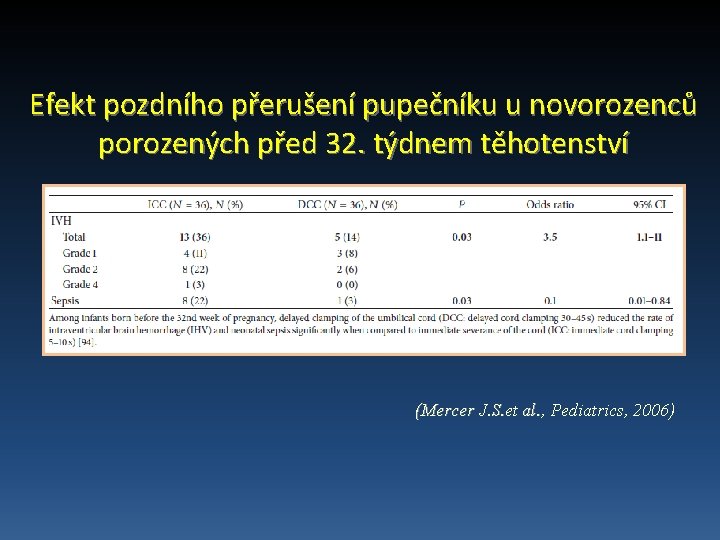 Efekt pozdního přerušení pupečníku u novorozenců porozených před 32. týdnem těhotenství (Mercer J. S.