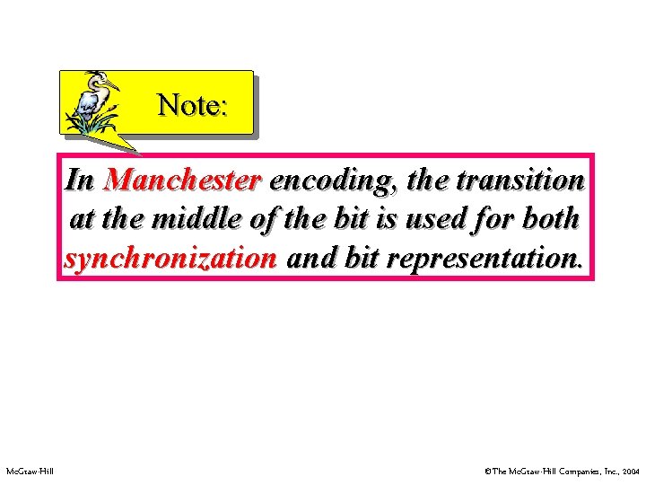 Note: In Manchester encoding, the transition at the middle of the bit is used Note: In Manchester encoding, the transition at the middle of the bit is used