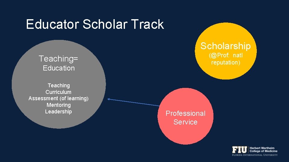 Educator Scholar Track Scholarship (@Prof: natl reputation) Teaching= Education Teaching Curriculum Assessment (of learning)