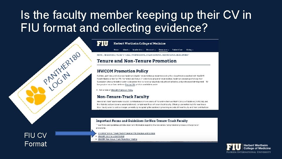 Is the faculty member keeping up their CV in FIU format and collecting evidence?