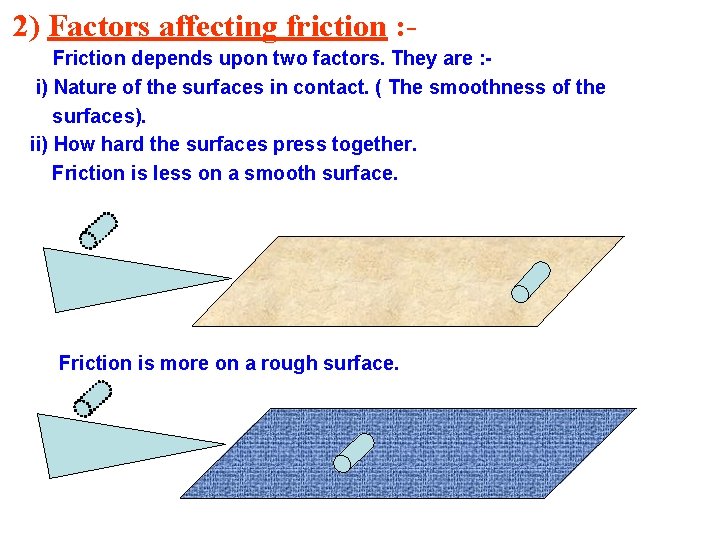 2) Factors affecting friction : Friction depends upon two factors. They are : i)