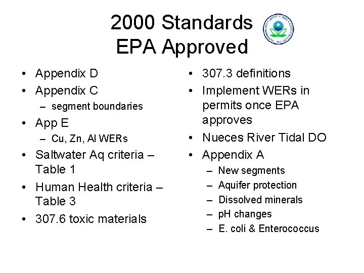 2000 Standards EPA Approved • Appendix D • Appendix C – segment boundaries •