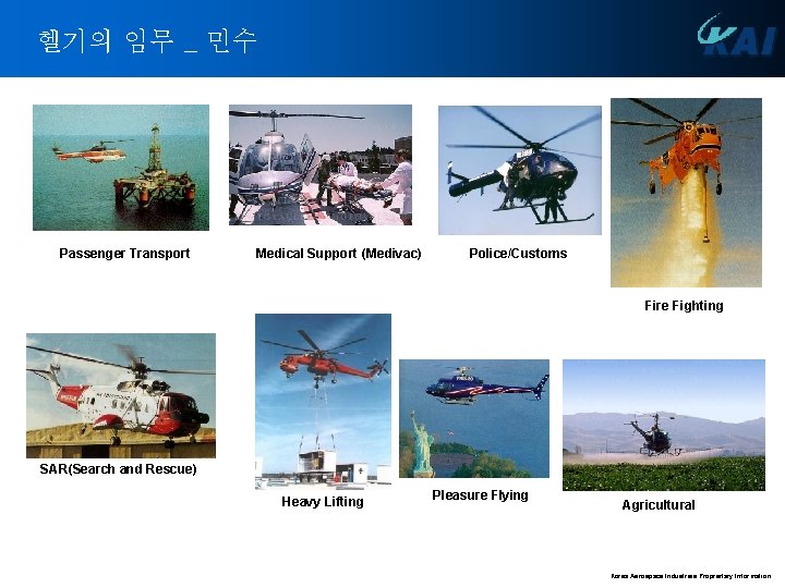 헬기의 임무 _ 민수 Passenger Transport Medical Support (Medivac) Police/Customs Fire Fighting SAR(Search and