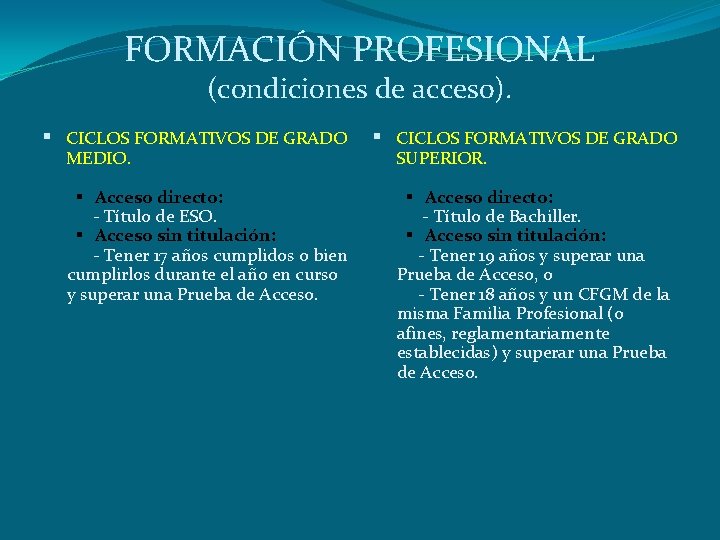 FORMACIÓN PROFESIONAL (condiciones de acceso). CICLOS FORMATIVOS DE GRADO MEDIO. Acceso directo: - Título FORMACIÓN PROFESIONAL (condiciones de acceso). CICLOS FORMATIVOS DE GRADO MEDIO. Acceso directo: - Título