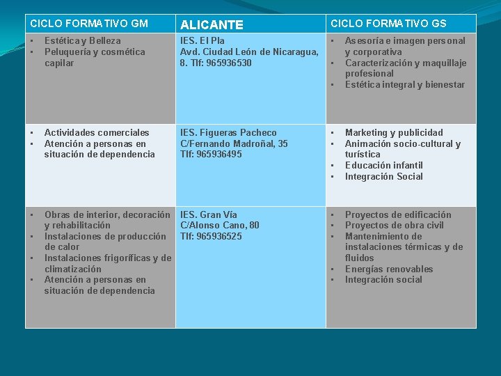 CICLO FORMATIVO GM ALICANTE CICLO FORMATIVO GS • • IES. El Pla Avd. Ciudad CICLO FORMATIVO GM ALICANTE CICLO FORMATIVO GS • • IES. El Pla Avd. Ciudad