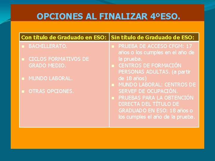 OPCIONES AL FINALIZAR 4ºESO. Con título de Graduado en ESO: Sin título de Graduado OPCIONES AL FINALIZAR 4ºESO. Con título de Graduado en ESO: Sin título de Graduado