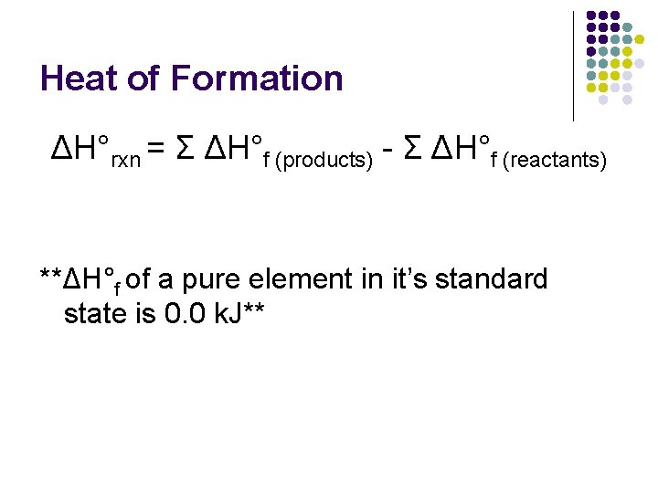 Heat of Formation ΔH°rxn = Σ ΔH°f (products) - Σ ΔH°f (reactants) **ΔH°f of Heat of Formation ΔH°rxn = Σ ΔH°f (products) - Σ ΔH°f (reactants) **ΔH°f of