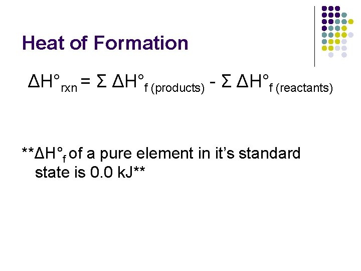 Heat of Formation ΔH°rxn = Σ ΔH°f (products) - Σ ΔH°f (reactants) **ΔH°f of