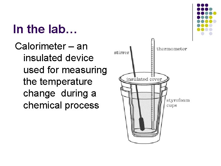 In the lab… Calorimeter – an insulated device used for measuring the temperature change In the lab… Calorimeter – an insulated device used for measuring the temperature change