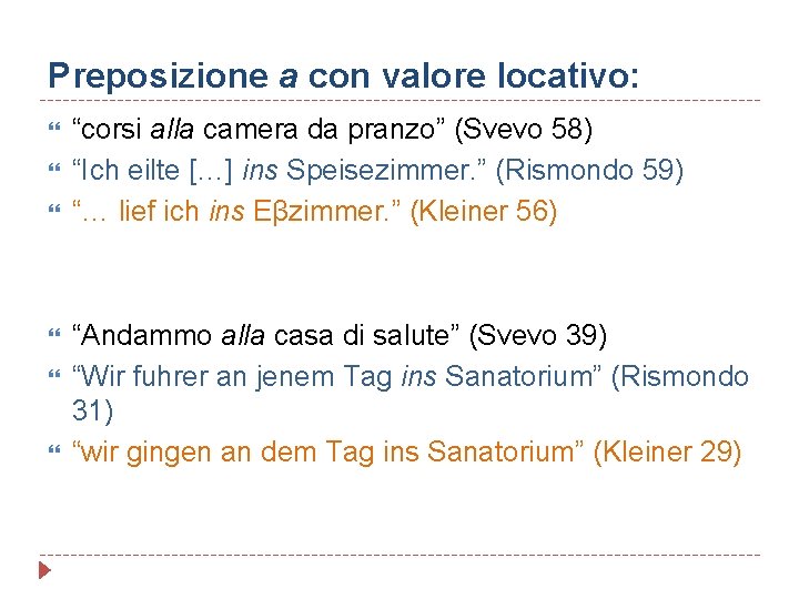 Preposizione a con valore locativo: “corsi alla camera da pranzo” (Svevo 58) “Ich eilte