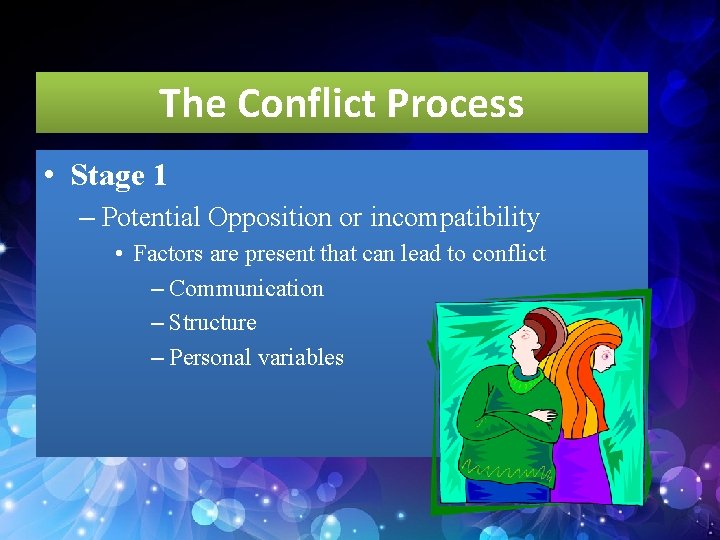 The Conflict Process • Stage 1 – Potential Opposition or incompatibility • Factors are