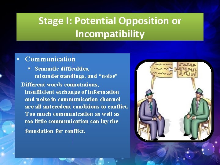 Stage I: Potential Opposition or Incompatibility • Communication § Semantic difficulties, misunderstandings, and “noise”