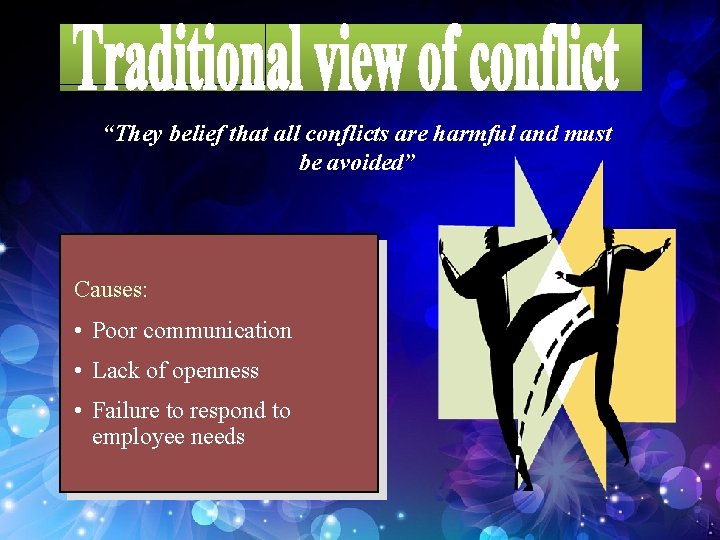 “They belief that all conflicts are harmful and must be avoided” Causes: • Poor