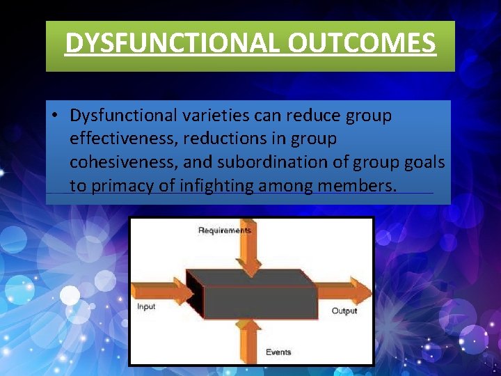 DYSFUNCTIONAL OUTCOMES • Dysfunctional varieties can reduce group effectiveness, reductions in group cohesiveness, and