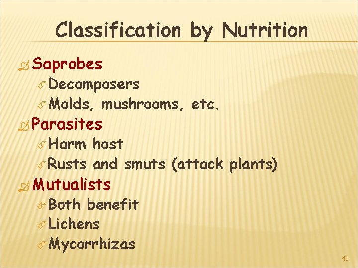 Classification by Nutrition Saprobes Decomposers Molds, mushrooms, etc. Parasites Harm host Rusts and smuts