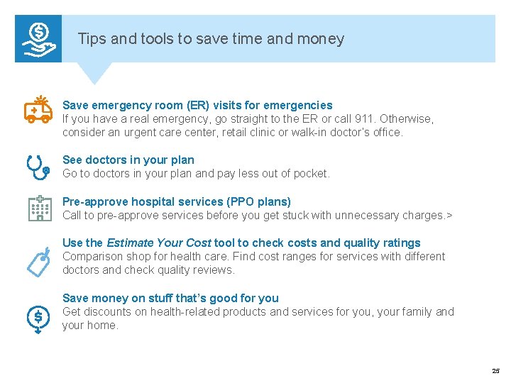 Tips and tools to save time and money Save emergency room (ER) visits for