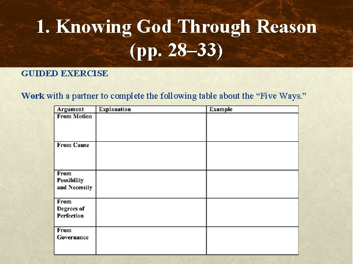 1. Knowing God Through Reason (pp. 28– 33) GUIDED EXERCISE Work with a partner