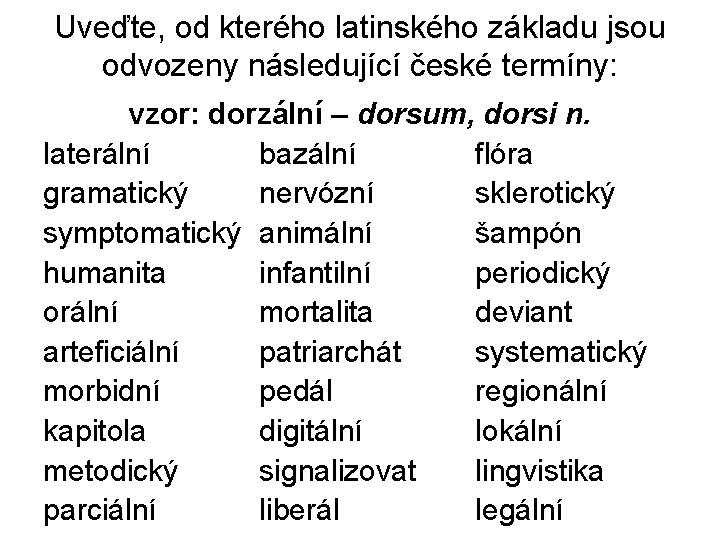 Uveďte, od kterého latinského základu jsou odvozeny následující české termíny: vzor: dorzální – dorsum,