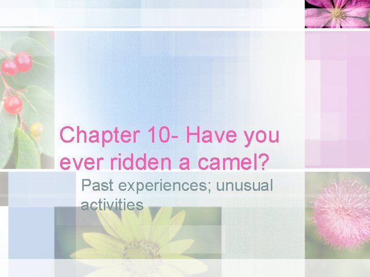 Chapter 10 - Have you ever ridden a camel? Past experiences; unusual activities 