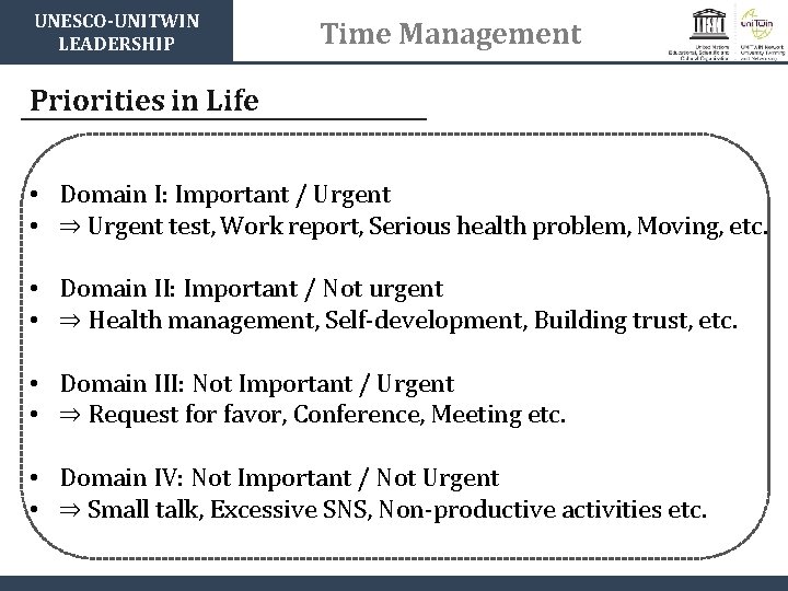 UNESCO-UNITWIN LEADERSHIP Time Management Priorities in Life • Domain I: Important / Urgent •