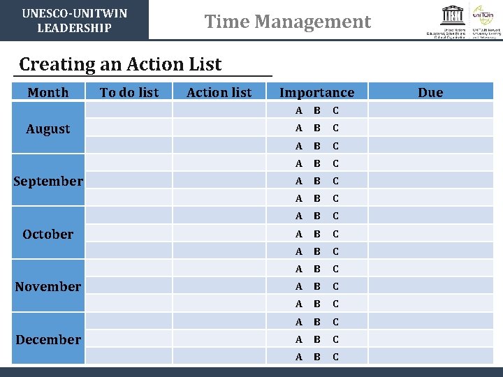 UNESCO-UNITWIN LEADERSHIP Time Management Creating an Action List Month August September October November December