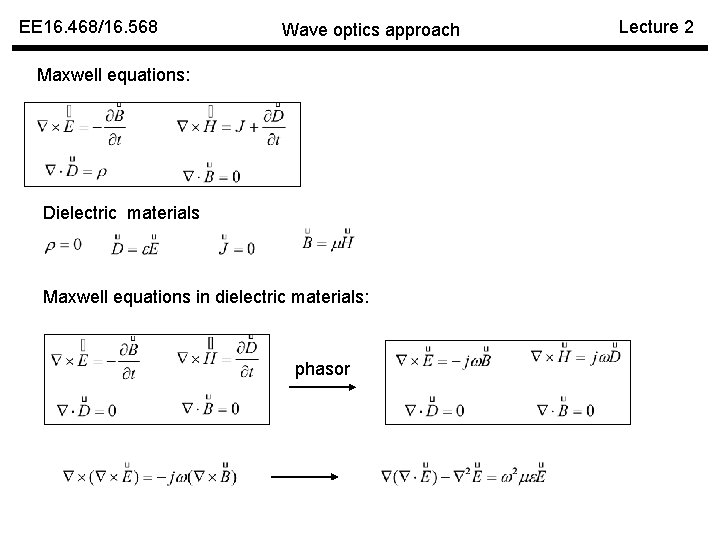 EE 16. 468/16. 568 Wave optics approach Maxwell equations: Dielectric materials Maxwell equations in