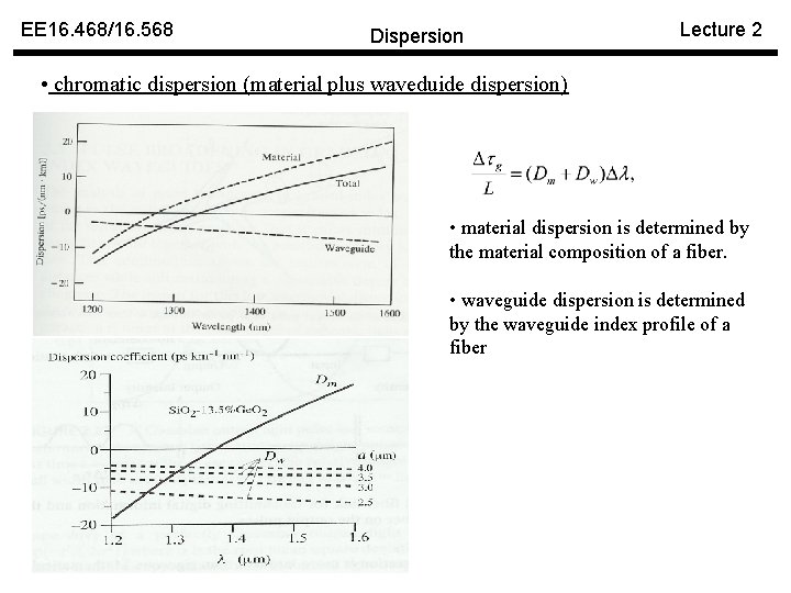 EE 16. 468/16. 568 Dispersion Lecture 2 • chromatic dispersion (material plus waveduide dispersion)