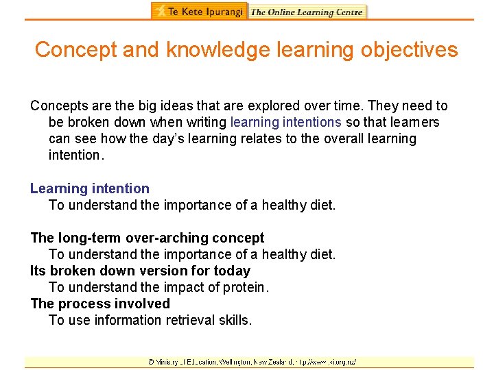 Concept and knowledge learning objectives Concepts are the big ideas that are explored over