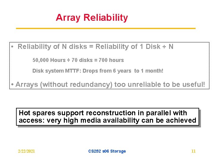 Array Reliability • Reliability of N disks = Reliability of 1 Disk ÷ N