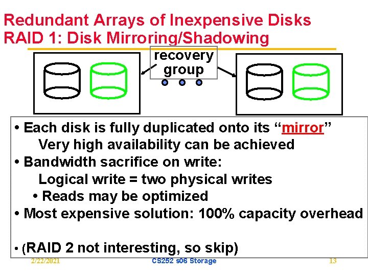 Redundant Arrays of Inexpensive Disks RAID 1: Disk Mirroring/Shadowing recovery group • Each disk