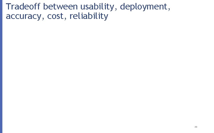 Tradeoff between usability, deployment, accuracy, cost, reliability 20 
