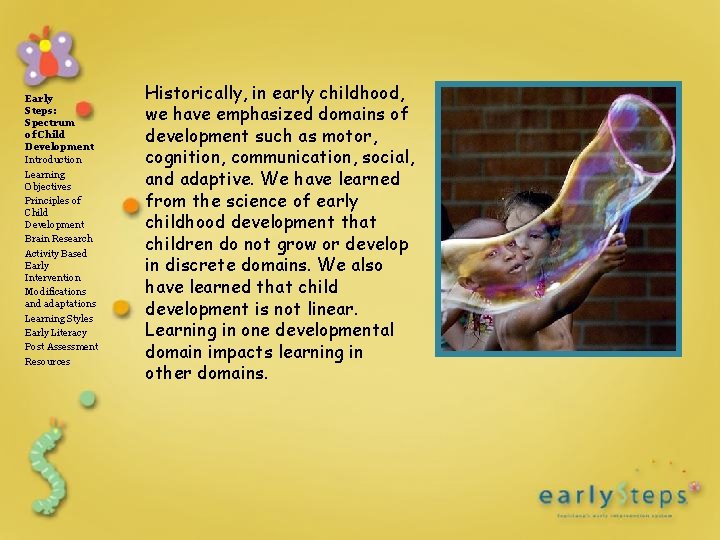 Early Steps: Spectrum of Child Development Introduction Learning Objectives Principles of Child Development Brain