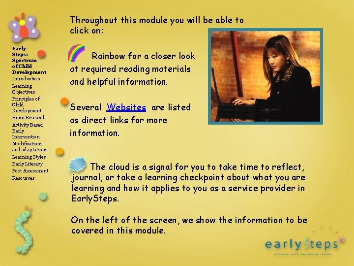 Throughout this module you will be able to click on: Early Steps: Spectrum of