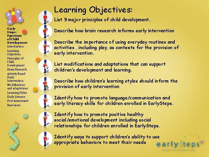 Learning Objectives: List 9 major principles of child development. Early Steps: Spectrum of Child