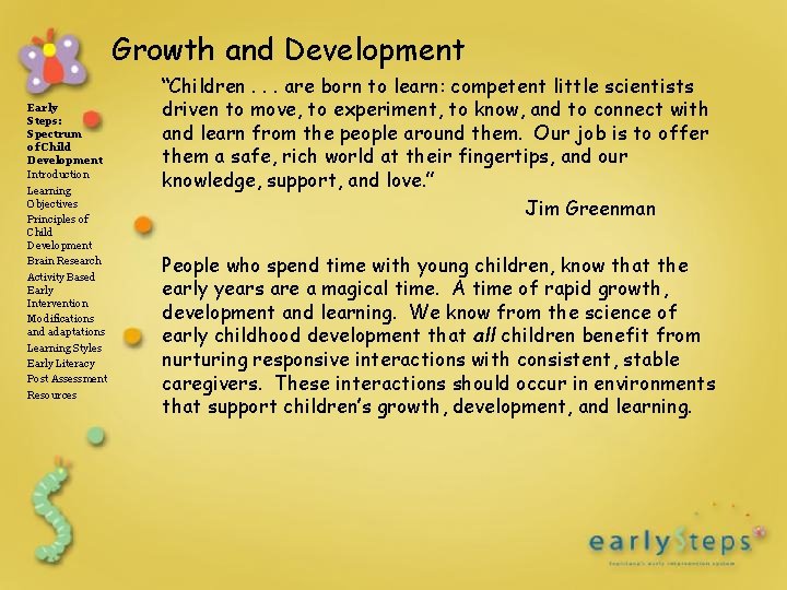 Growth and Development Early Steps: Spectrum of Child Development Introduction Learning Objectives Principles of