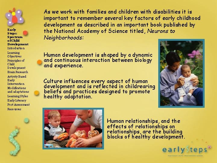 Early Steps: Spectrum of Child Development Introduction Learning Objectives Principles of Child Development Brain