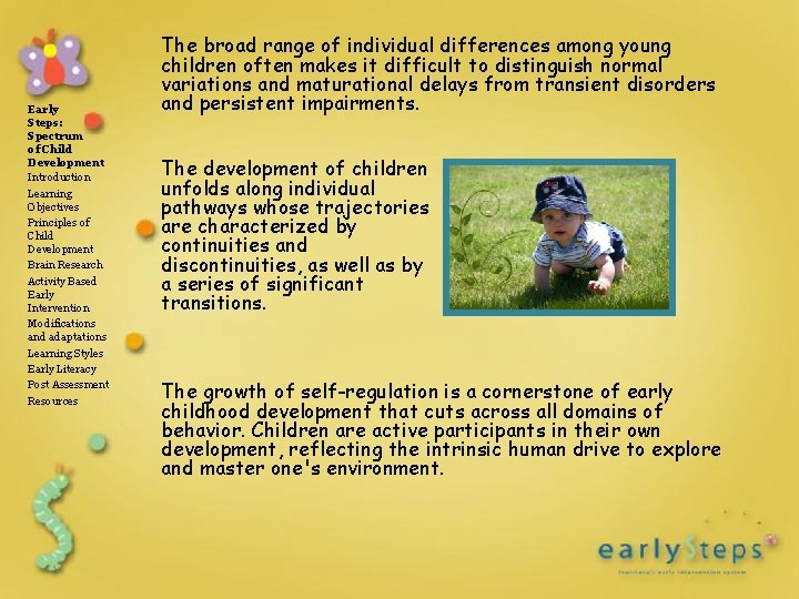 Early Steps: Spectrum of Child Development Introduction Learning Objectives Principles of Child Development Brain