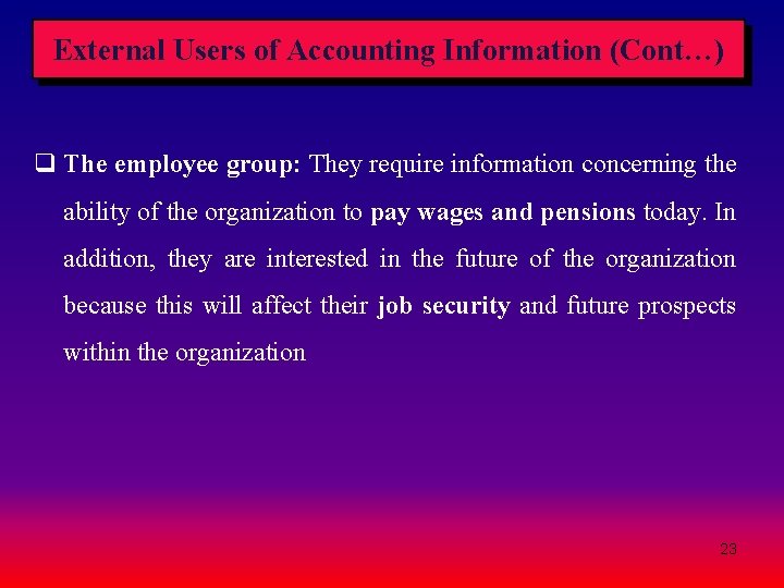 External Users of Accounting Information (Cont…) q The employee group: They require information concerning External Users of Accounting Information (Cont…) q The employee group: They require information concerning
