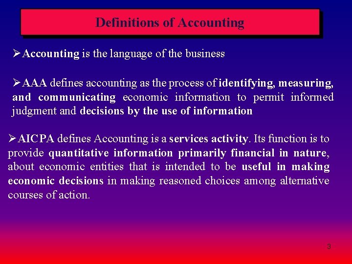 Definitions of Accounting ØAccounting is the language of the business ØAAA defines accounting as Definitions of Accounting ØAccounting is the language of the business ØAAA defines accounting as