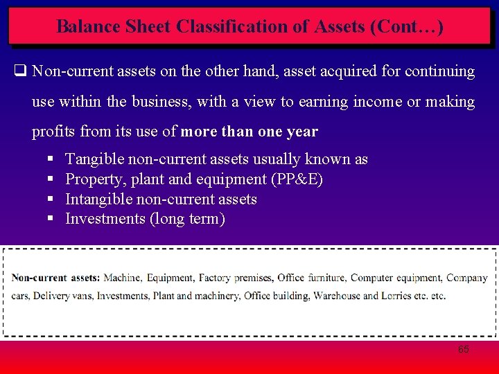 Balance Sheet Classification of Assets (Cont…) q Non-current assets on the other hand, asset Balance Sheet Classification of Assets (Cont…) q Non-current assets on the other hand, asset