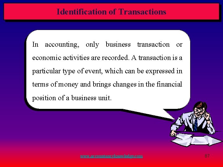 Identification of Transactions In accounting, only business transaction or economic activities are recorded. A Identification of Transactions In accounting, only business transaction or economic activities are recorded. A