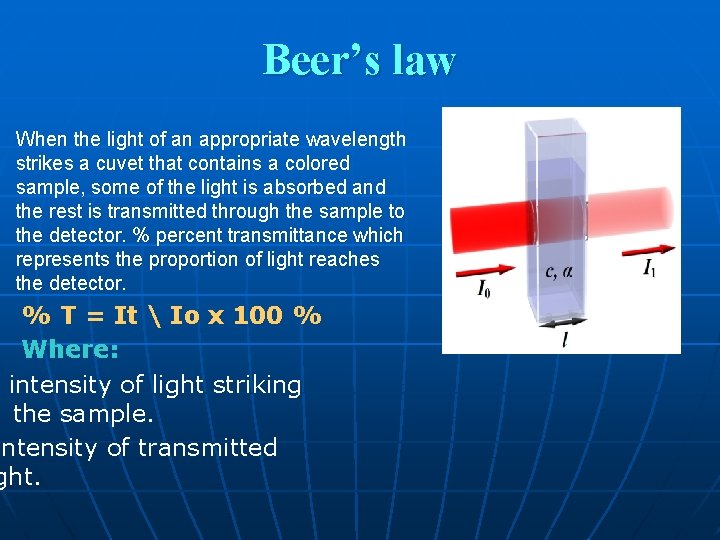 Beer’s law When the light of an appropriate wavelength strikes a cuvet that contains